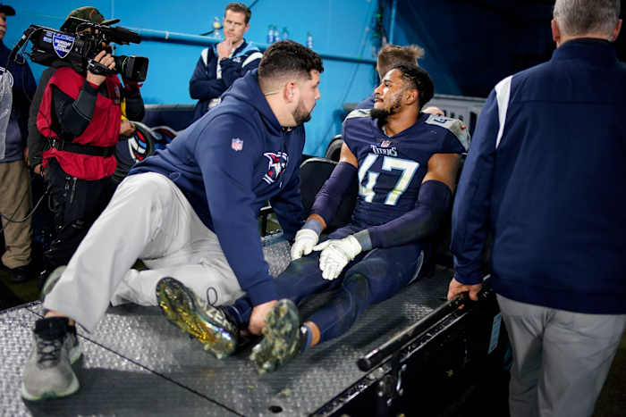 Tennessee Titans safety Andrew Adams (47) is carted off after an injury during the fourth quarter against the Dallas Cowboys at Nissan Stadium Thursday, Dec. 29, 2022, in Nashville, Tenn.